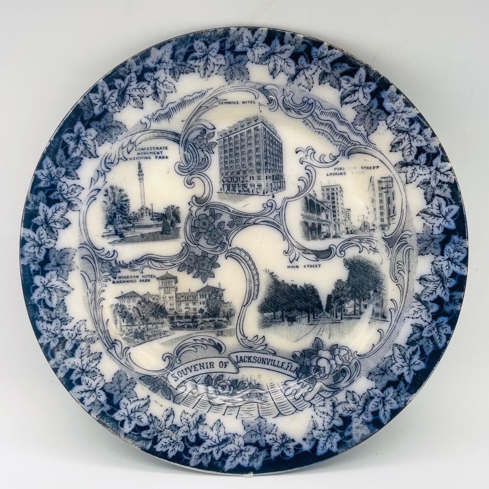 Souvenir of Jacksonville FLA Plate Flow Blue Historical Transferware 9"